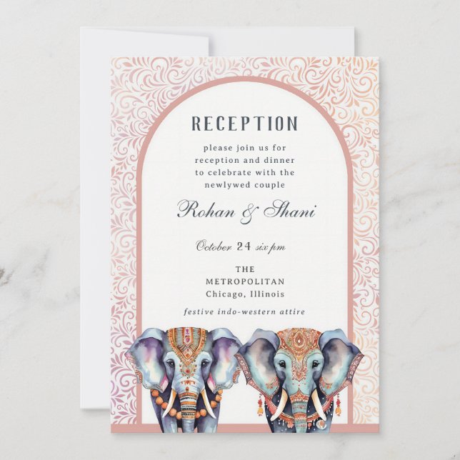 Invitation Réception Florale d'éléphants Mariages indiens (Devant)