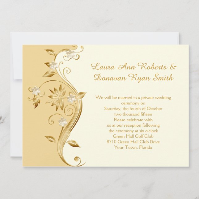 Invitation Réception Gold pâle et Fleurs Or Orné uniquement (Devant)