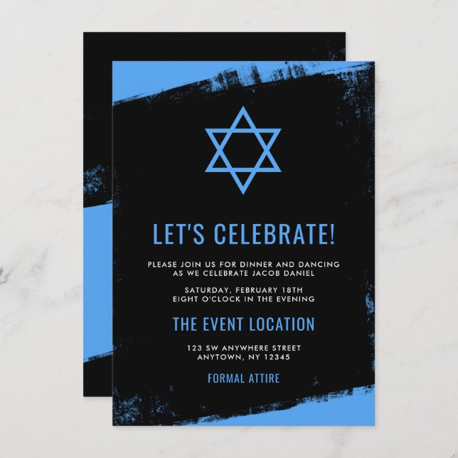 Invitation Réception Grunge Blue Black Bar Mitzvah (Devant / Derrière)