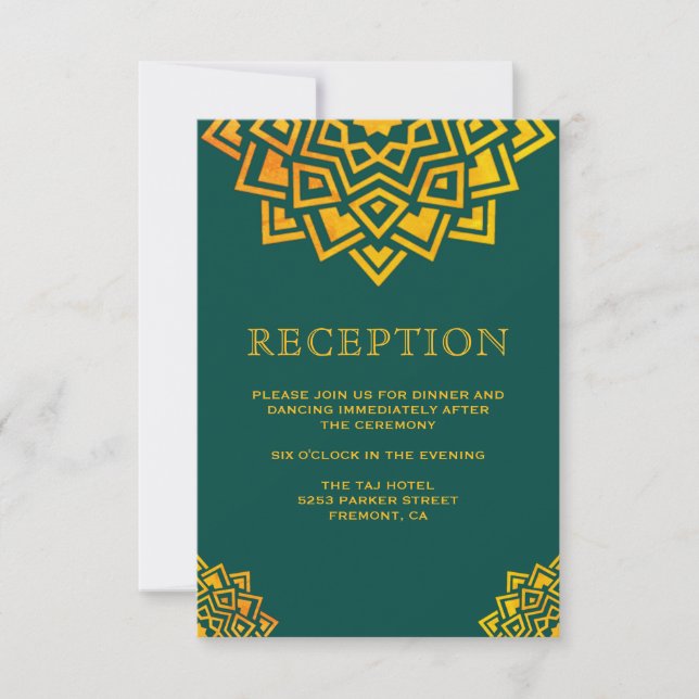 Invitation Réception indienne Turquoise moderne Gold Mandala (Devant)