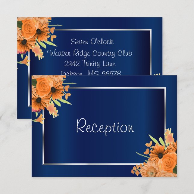 Invitation Réception - Jolies fleurs orange sur bleu marine (Devant / Derrière)