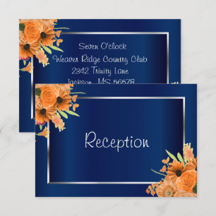 Invitation Réception - Jolies fleurs orange sur bleu marine