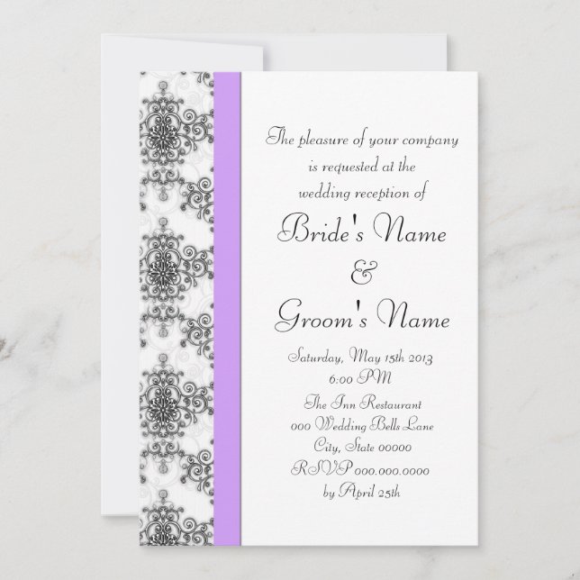 Invitation Réception Lavender Black White Mariage damassé (Devant)