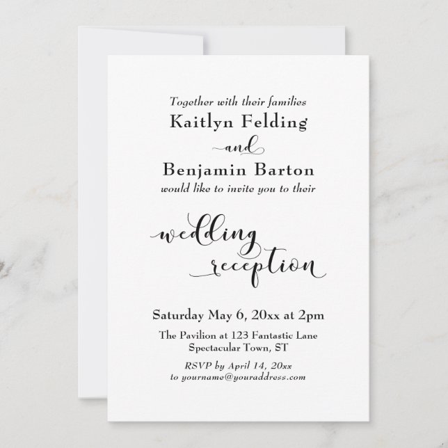 Invitation Réception Mariage Joli Script Noir Blanc Simple (Devant)