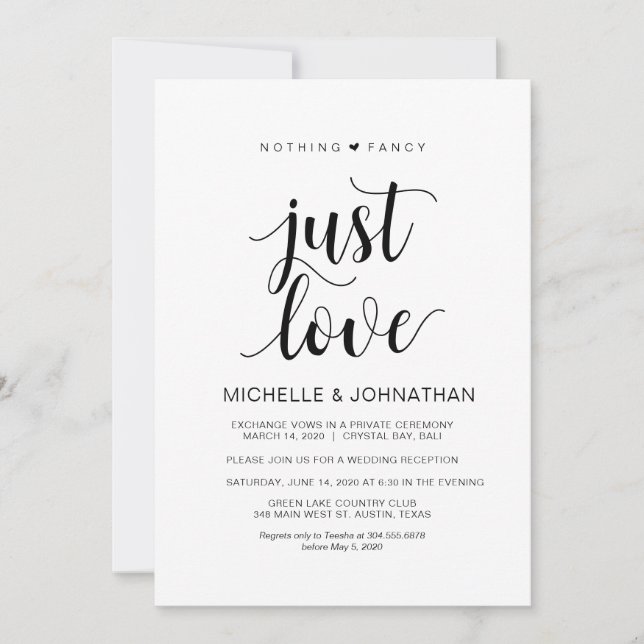 Invitation Réception moderne Rustique, Noir, Elopement Mariag (Devant)