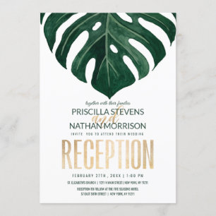 Invitation Réception moderne Tropical Swiss Cheese Leaf Gold