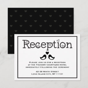 Invitation Réception Noir & Blanc Tourtereaux Cœurs Mariage