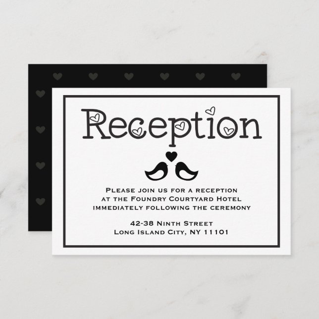 Invitation Réception Noir & Blanc Tourtereaux Mariage Cœurs (Devant / Derrière)