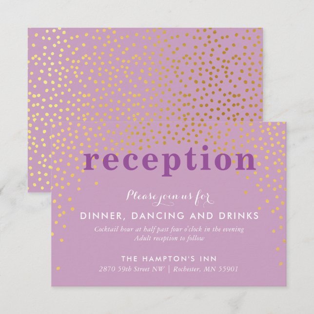 Invitation RÉCEPTION PARTIE rustique chic or confetti violet (Devant / Derrière)