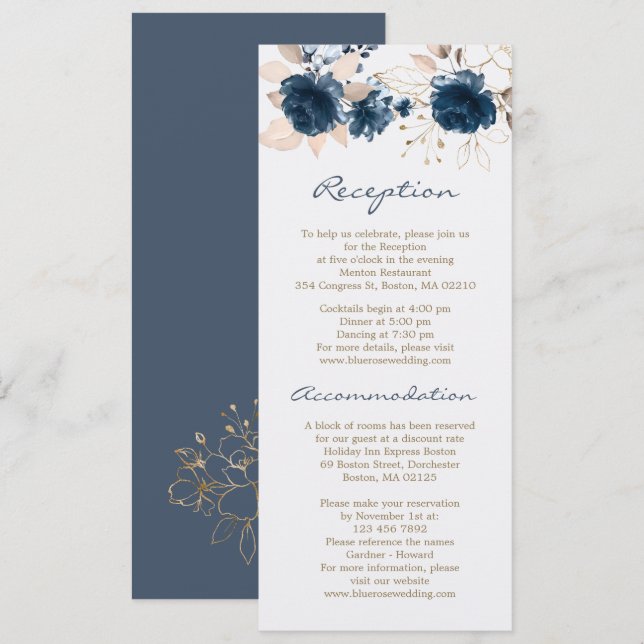 Invitation Réception rose bleue, hébergement hôtel Mariage (Devant / Derrière)