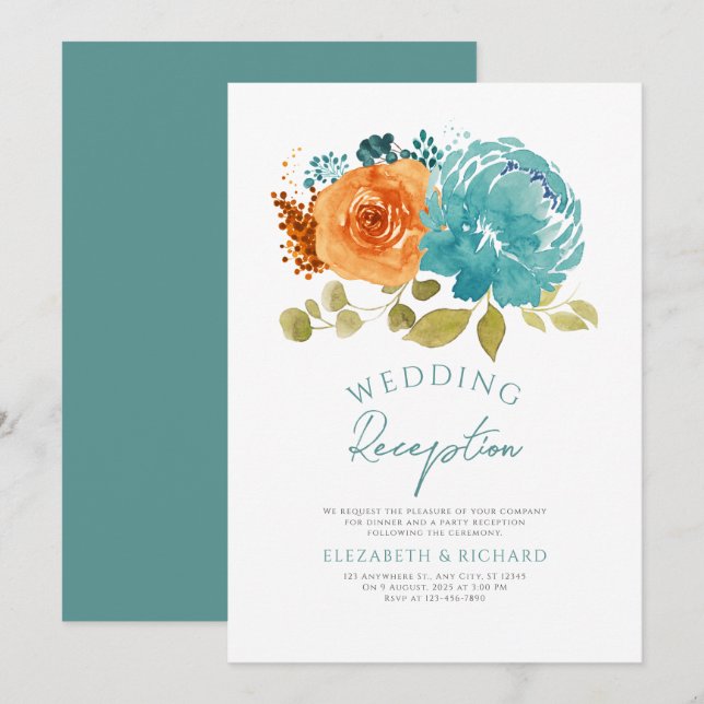 Invitation Réception turquoise de Mariage de automne Floral O (Devant / Derrière)