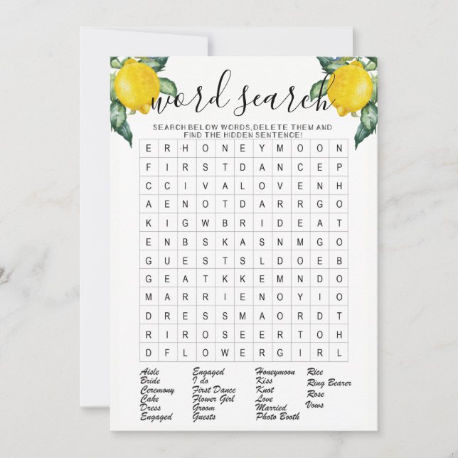 Invitation Recherche de mots jeu de douches nuptiales de citr (Devant)