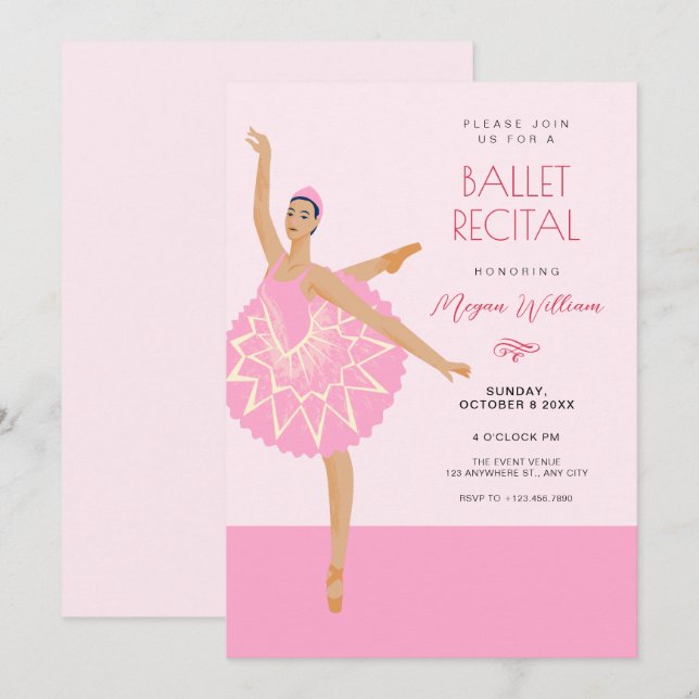 Invitation récital de ballon de danse Ballerina rose (Devant / Derrière)