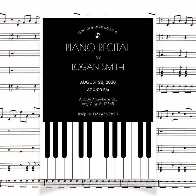 Invitation récital de piano musical noir et blanc (Créateur téléchargé)