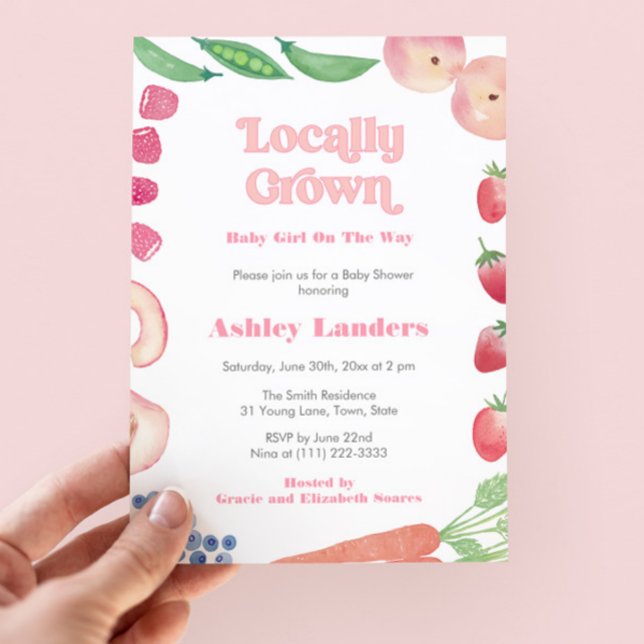 Invitation Récolte d'été Farmers Market Girl Baby shower (Pretty pink Farmers Market theme baby shower for girl. All watercolor elements painted by hand by me)