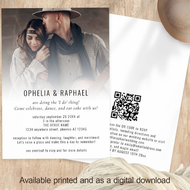 Invitation Recouvrement de photo informel QR Code Fun Mariage (Front and back view)