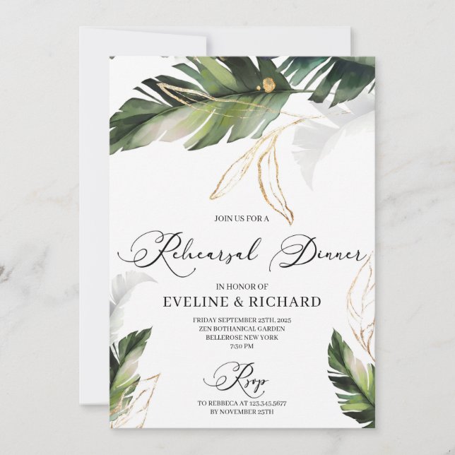 Invitation Récréation de feuilles tropicaux dorés modernes (Devant)