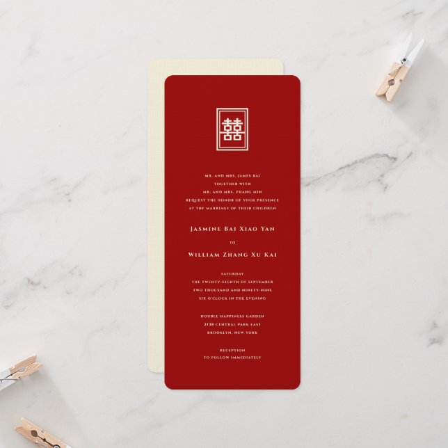 Invitation Rectangle classique Double Bonheur Mariage chinois (Devant/Arrière en situation)