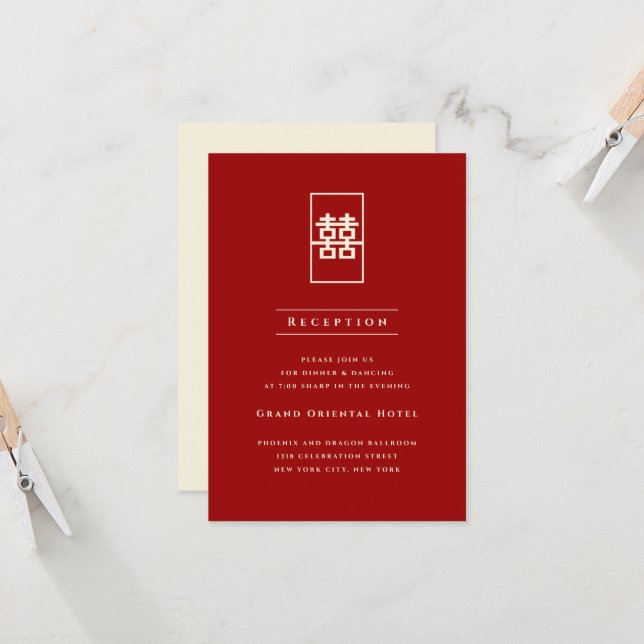 Invitation Rectangle double bonheur simple Mariage chinois (Devant/Arrière en situation)