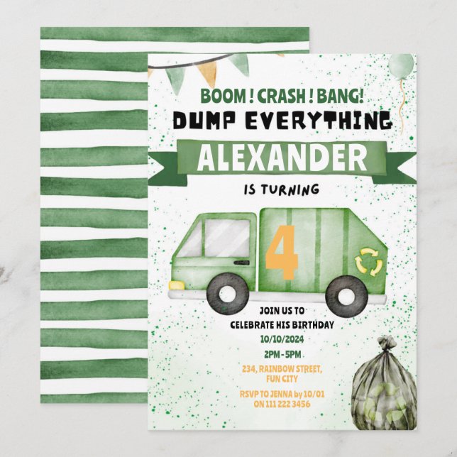 Invitation Recyclage des ordures de camion de déchets Anniver (Devant / Derrière)