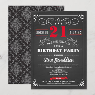 Invitation Red 21e anniversaire de fête chalkboard rétro