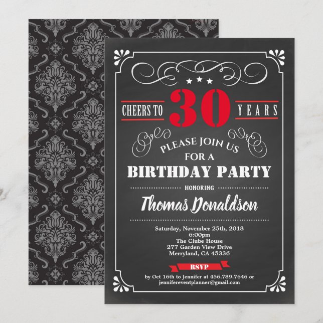 Invitation Red 30th anniversaire chalkboard rétro (Devant / Derrière)