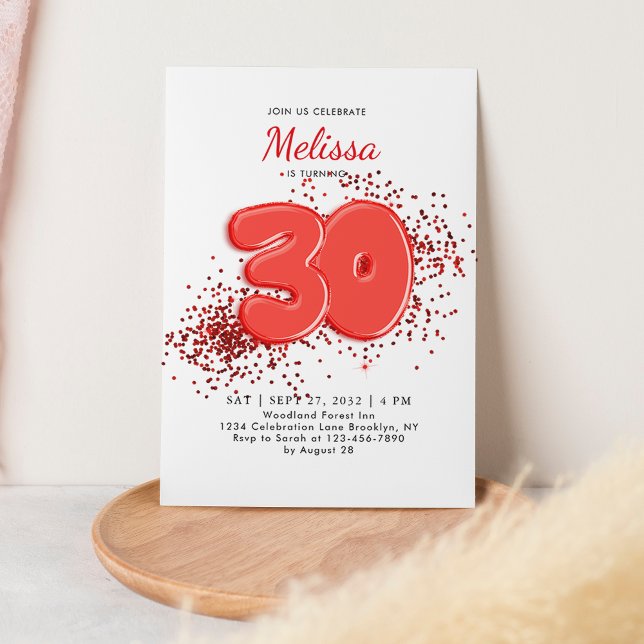 Invitation Red 30th Balloons Confetti Anniversaire adulte (Créateur téléchargé)
