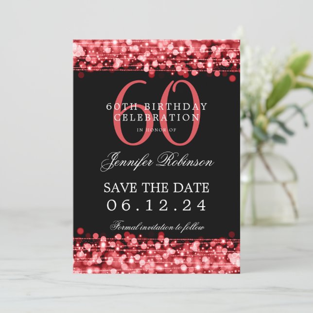 Invitation Red 60th Birthday Enregistrer la date avec les dét (Debout devant)