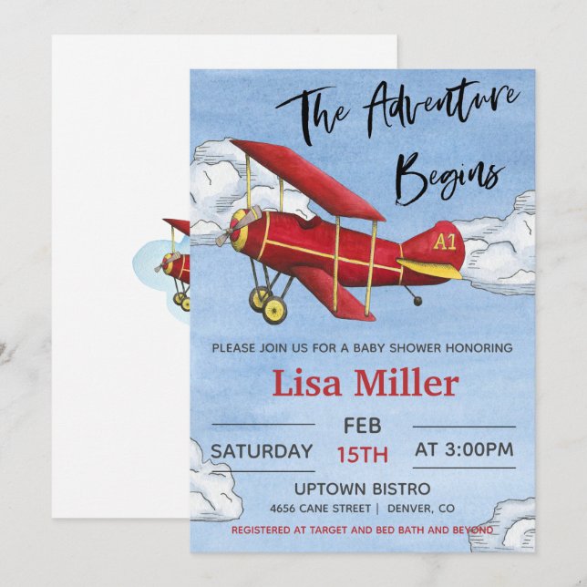Invitation Red Airplane Adventure Boy Baby shower (Devant / Derrière)