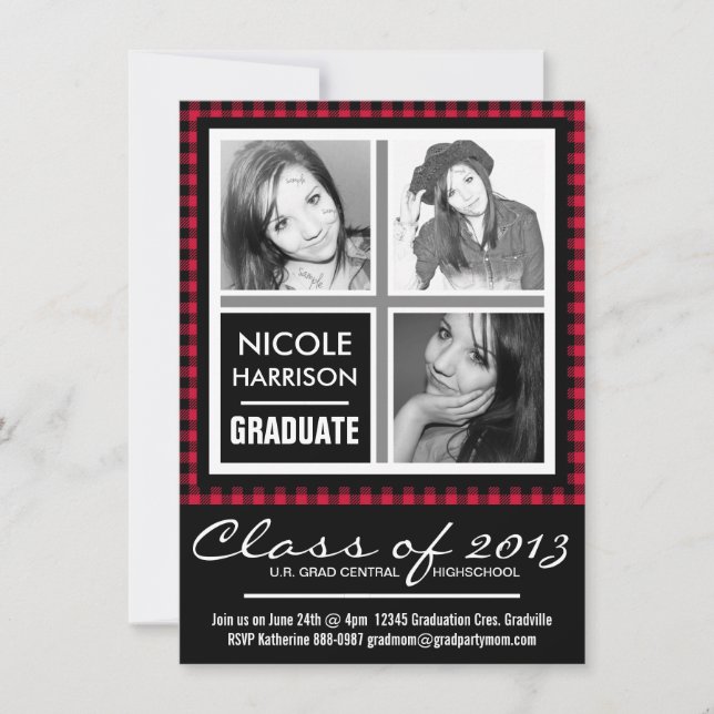 Invitation Red and Black Plaid En vichy 3 Photo Grad Party (Devant)