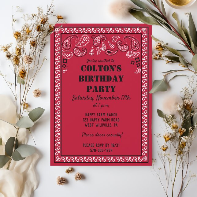 Invitation Red and Black Western Bandana Imprimer Anniversair (Créateur téléchargé)