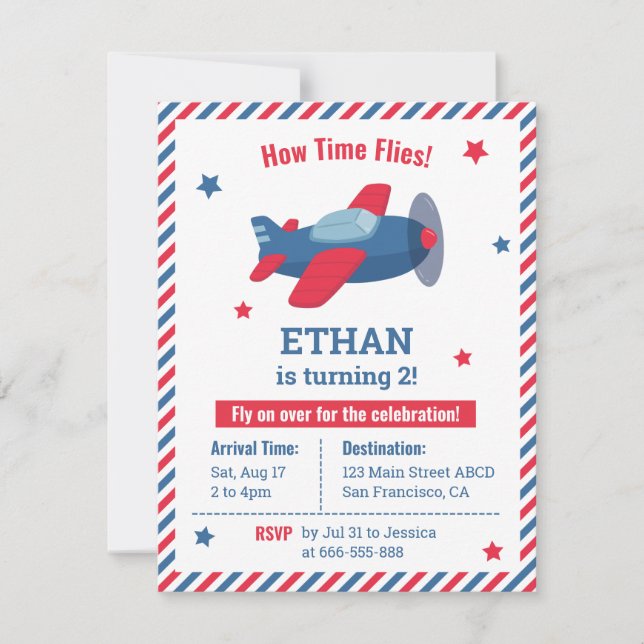 Invitation Red and Blue Airplane Boys Birthday Party Stripes (Devant)