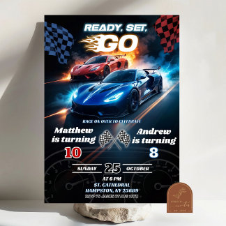 Invitation Red and Blue Fast Race Car Jour d'anniversaire con