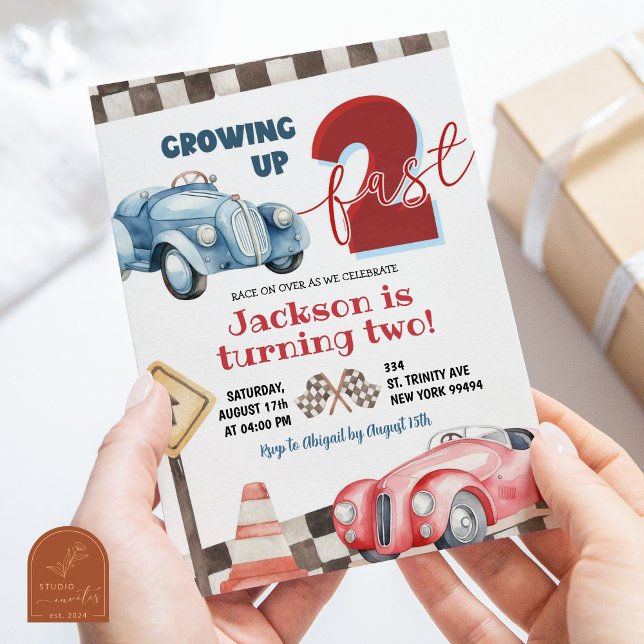 Invitation Red and Blue Racing Car Two Fast Boy 2e anniversai (Créateur téléchargé)