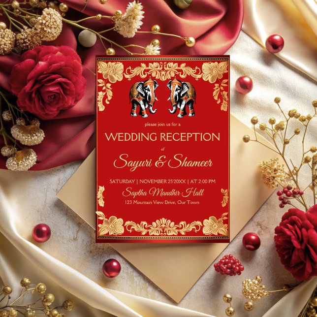 Invitation Red and gold elephants Indian wedding reception (Red and gold elephants Indian wedding reception Invitation cards template wedding invitation suite)
