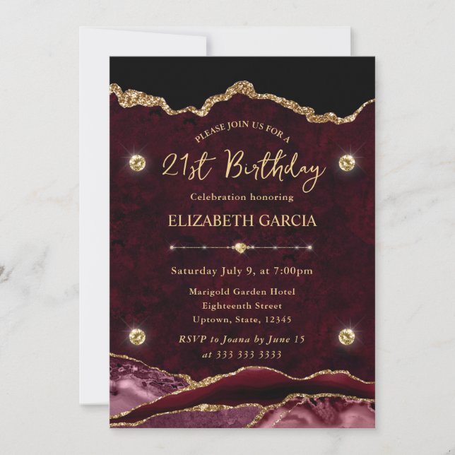 Invitation Red and Gold Glitter Agate 21st Birthday (Devant)
