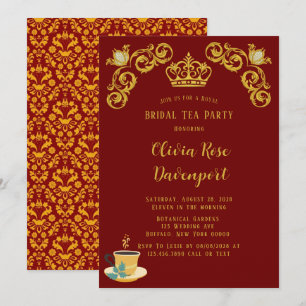 Invitation Red and Gold Royal Crown Damask Bride Tea Party