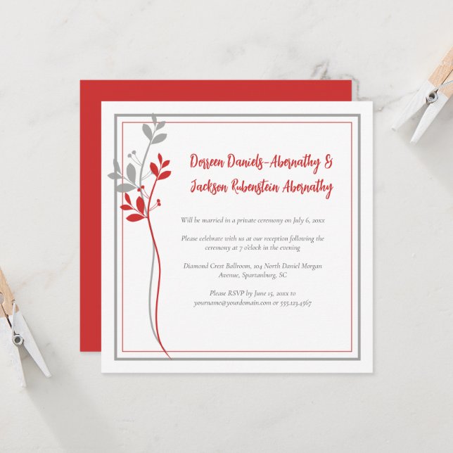 Invitation Red and Gray Modern Botanical Reception Only | (Devant/Arrière en situation)