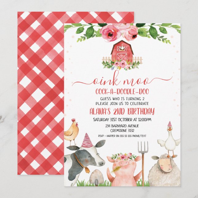 Invitation Red Barn Farm Animaux Folithe Anniversaire (Devant / Derrière)