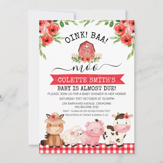 Invitation Red Barn Oink Baa Moo Baby shower agricole Invitat (Devant)