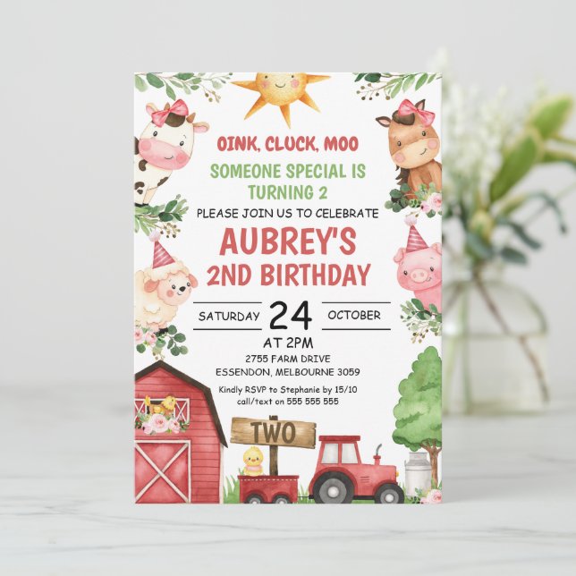 Invitation Red Barn Tractor Animaux de ferme Anniversaire Inv (Debout devant)