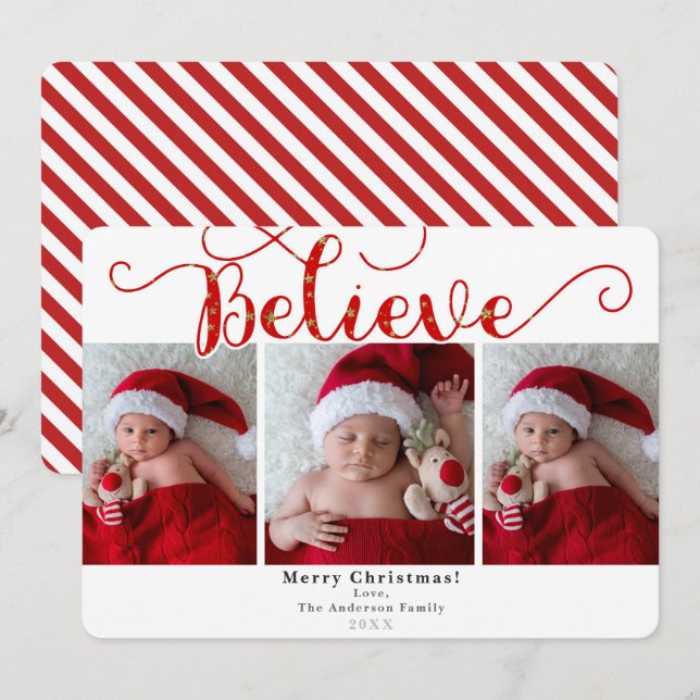 Invitation Red Believe Christmas Holiday 3 Photos Photo (Devant / Derrière)