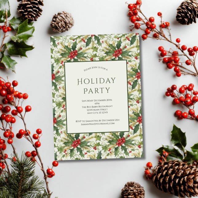 Invitation Red Berries Green Holly Fête de Noël (Red Berries Holly leaves Christmas Holiday party invitation. Business Corporate. Printed or Digital)