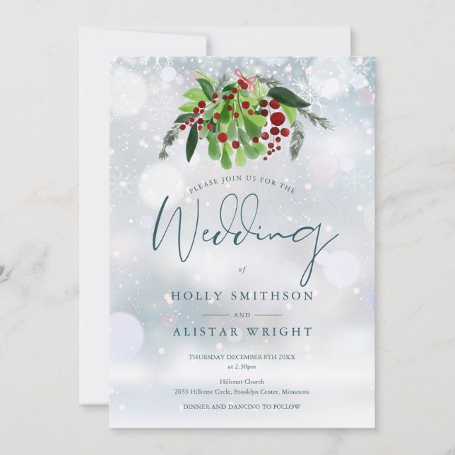 Invitation Red Berry Floral QR Code Mariage hivernal (Devant)