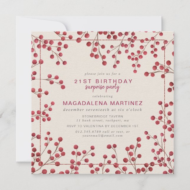 Invitation Red Berry Hiver 21e anniversaire Surprise Party (Devant)