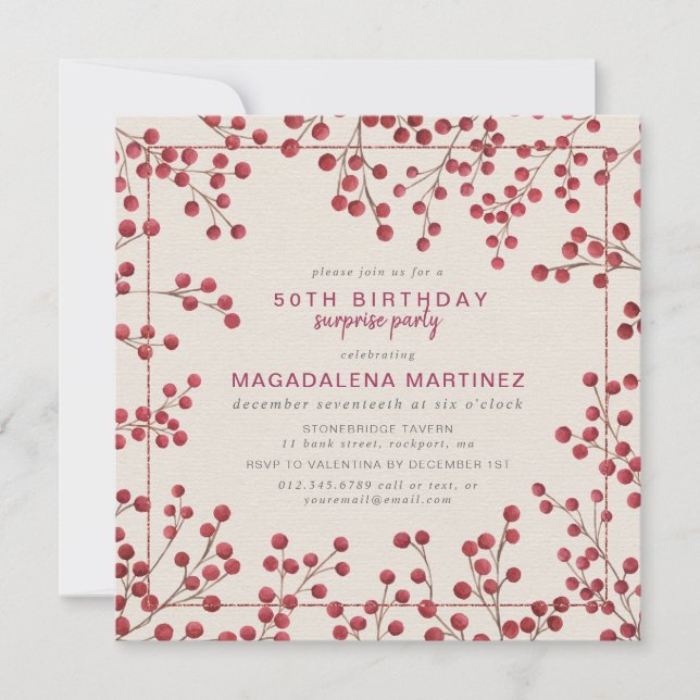 Invitation Red Berry Winter 50th Birthday Surprise Party (Devant)