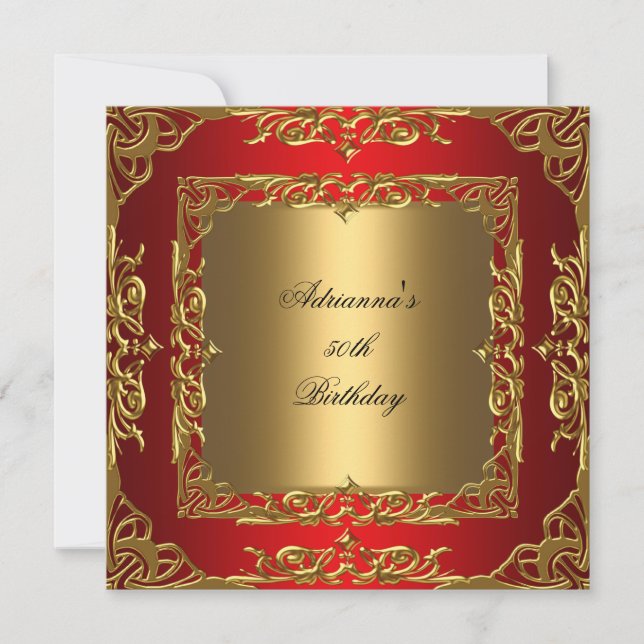 Invitation Red Birthday Party Gold Lace 50th Gold Overlay (Devant)