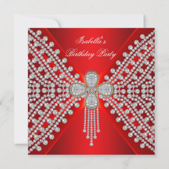 Invitation Red Birthday Party Silver White Diamond Image (Devant)