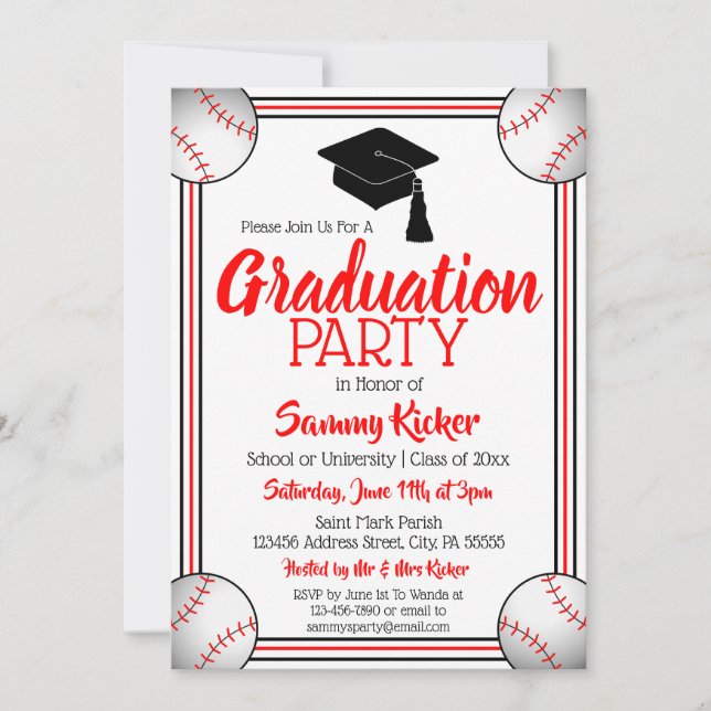 Invitation Red & Black Baseball Graduation Party (Devant)