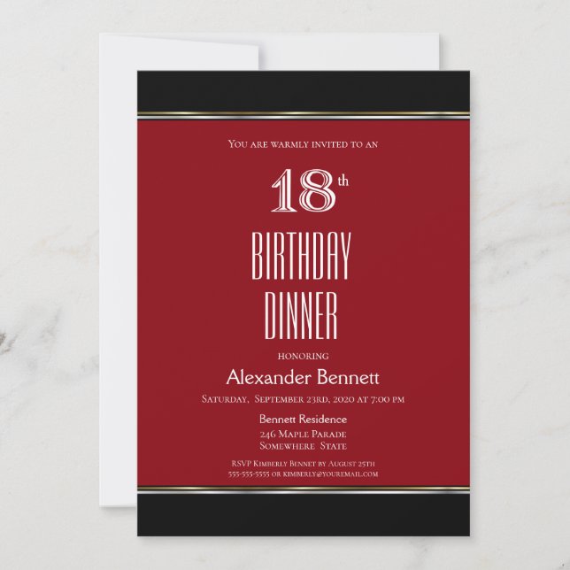 Invitation Red Black Blanc 18e anniversaire Dîner fête (Devant)
